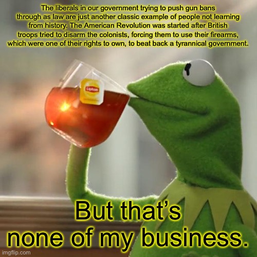 But That's None Of My Business | The liberals in our government trying to push gun bans through as law are just another classic example of people not learning from history. The American Revolution was started after British troops tried to disarm the colonists, forcing them to use their firearms, which were one of their rights to own, to beat back a tyrannical government. But that’s none of my business. | image tagged in memes,but that's none of my business,kermit the frog | made w/ Imgflip meme maker