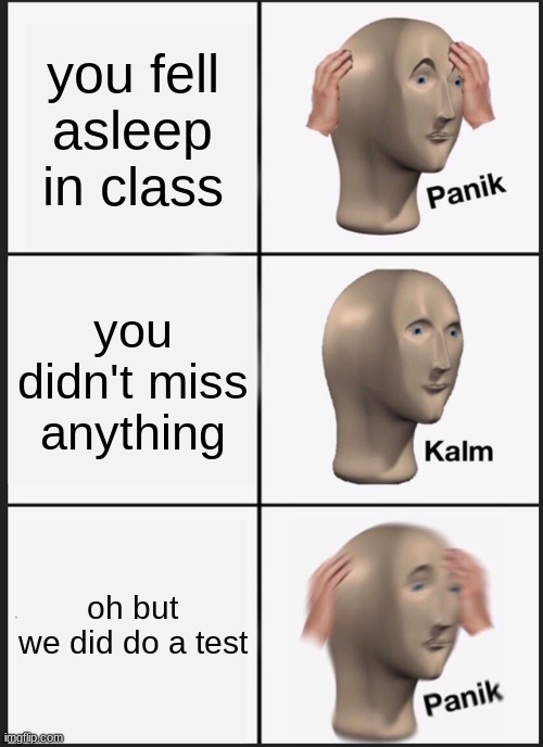 Panik Kalm Panik | you fell asleep in class; you didn't miss anything; oh but we did do a test | image tagged in memes,panik kalm panik | made w/ Imgflip meme maker