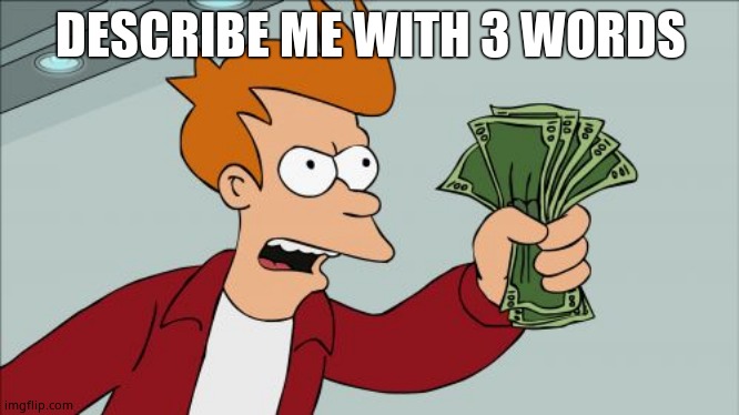 Shut Up And Take My Money Fry | DESCRIBE ME WITH 3 WORDS | image tagged in memes,shut up and take my money fry | made w/ Imgflip meme maker