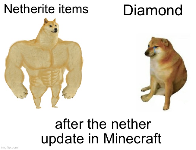Buff Doge vs. Cheems | Netherite items; Diamond; after the nether update in Minecraft | image tagged in memes,buff doge vs cheems | made w/ Imgflip meme maker