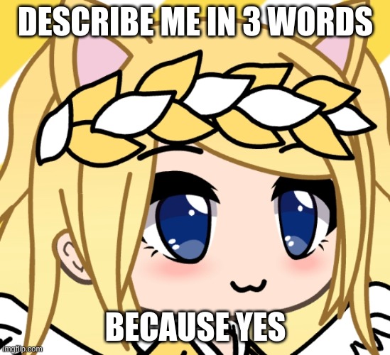 :I | DESCRIBE ME IN 3 WORDS; BECAUSE YES | image tagged in why,is,this,thing,a,template | made w/ Imgflip meme maker