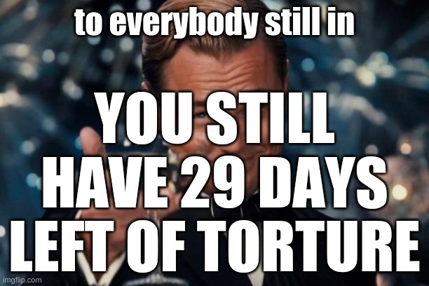 Leonardo Dicaprio Cheers Meme | to everybody still in; YOU STILL HAVE 29 DAYS LEFT OF TORTURE | image tagged in memes,leonardo dicaprio cheers | made w/ Imgflip meme maker