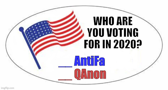 Vote! | WHO ARE YOU VOTING FOR IN 2020? __ AntiFa; __ QAnon | image tagged in i voted sticker,qanon,antifa,2020 elections,election 2020 | made w/ Imgflip meme maker
