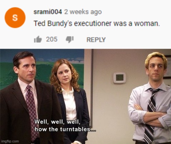 How the Turn Tables | image tagged in well well well how the turn tables,ted bundy,execution,woman,the office,serial killer | made w/ Imgflip meme maker