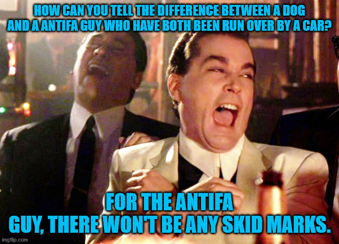 Antifa Deserves No Respect. | HOW CAN YOU TELL THE DIFFERENCE BETWEEN A DOG AND A ANTIFA GUY WHO HAVE BOTH BEEN RUN OVER BY A CAR? FOR THE ANTIFA GUY, THERE WON'T BE ANY SKID MARKS. | image tagged in memes,good fellas hilarious,antifa | made w/ Imgflip meme maker