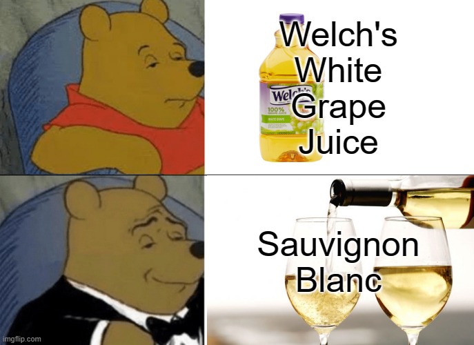 3100% Markup | Welch's
White
Grape
Juice; Sauvignon Blanc | image tagged in tuxedo winnie the pooh,wine,grapes,connoisseur,wine drinker | made w/ Imgflip meme maker