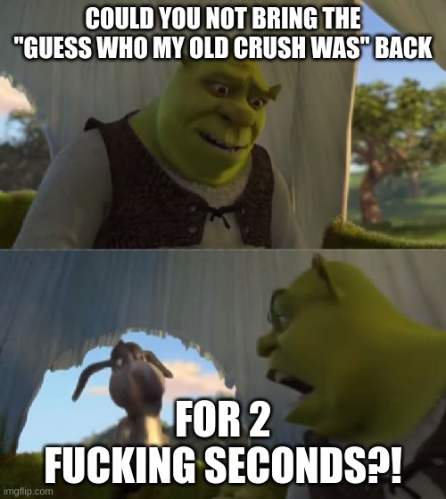 Could you not ___ for 5 MINUTES | COULD YOU NOT BRING THE "GUESS WHO MY OLD CRUSH WAS" BACK; FOR 2 FUCKING SECONDS?! | image tagged in thanks bye | made w/ Imgflip meme maker