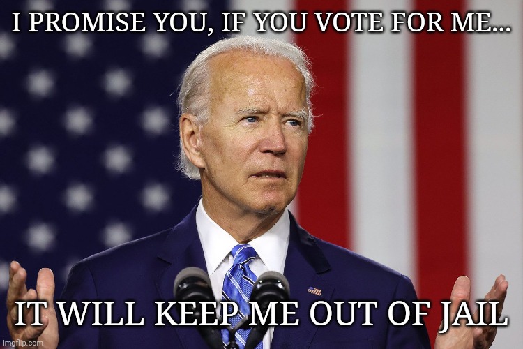 Vote biden | I PROMISE YOU, IF YOU VOTE FOR ME... IT WILL KEEP ME OUT OF JAIL | image tagged in vote biden | made w/ Imgflip meme maker