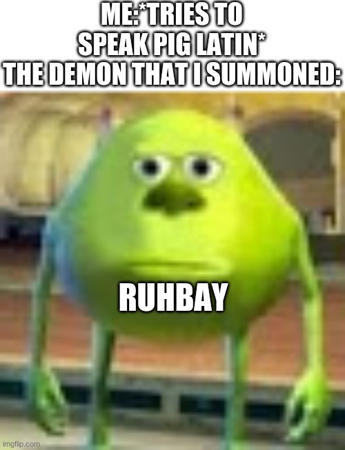 Sully Wazowski | ME:*TRIES TO SPEAK PIG LATIN*

THE DEMON THAT I SUMMONED:; RUHBAY | image tagged in sully wazowski,memes,pig latin | made w/ Imgflip meme maker