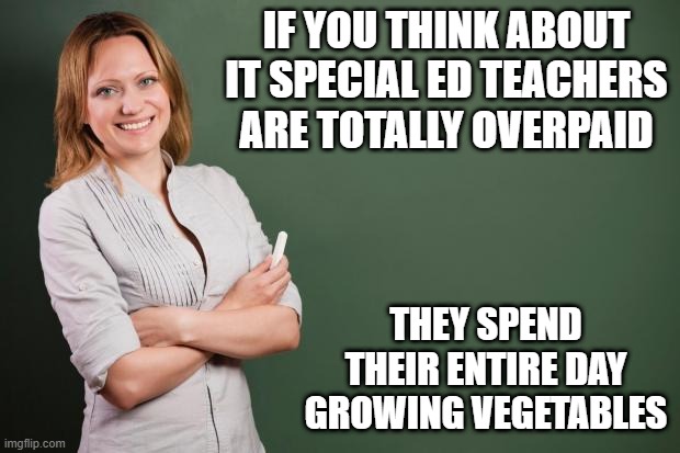 Cheap Teacher | IF YOU THINK ABOUT IT SPECIAL ED TEACHERS ARE TOTALLY OVERPAID; THEY SPEND THEIR ENTIRE DAY GROWING VEGETABLES | image tagged in teacher meme | made w/ Imgflip meme maker