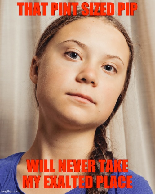 Greta Thunberg go on with your stupidity, I'm listening | THAT PINT SIZED PIP WILL NEVER TAKE MY EXALTED PLACE | image tagged in greta thunberg go on with your stupidity i'm listening | made w/ Imgflip meme maker