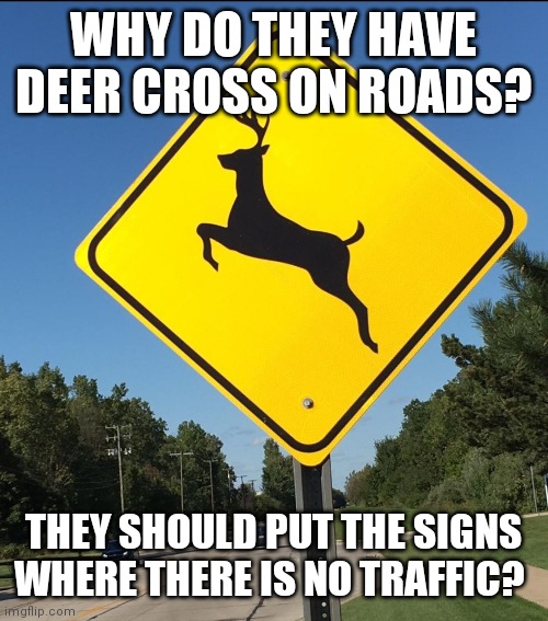 Deer signs | WHY DO THEY HAVE DEER CROSS ON ROADS? THEY SHOULD PUT THE SIGNS WHERE THERE IS NO TRAFFIC? | image tagged in traffic,traffic jam,deer in headlights | made w/ Imgflip meme maker