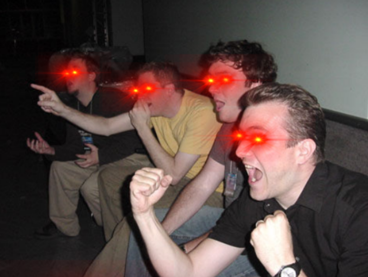 Guys cheering on couch laser eyes Blank Meme Template