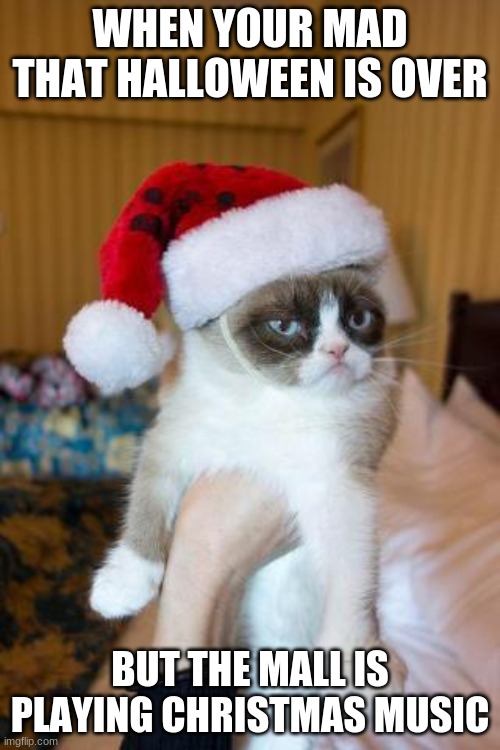 Grumpy Cat Christmas | WHEN YOUR MAD THAT HALLOWEEN IS OVER; BUT THE MALL IS PLAYING CHRISTMAS MUSIC | image tagged in memes,grumpy cat christmas,grumpy cat | made w/ Imgflip meme maker