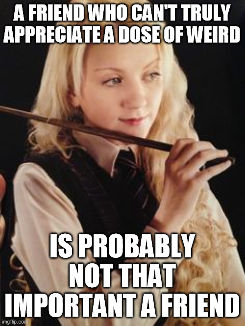 Luna Lovegood | A FRIEND WHO CAN'T TRULY APPRECIATE A DOSE OF WEIRD IS PROBABLY NOT THAT IMPORTANT A FRIEND | image tagged in luna lovegood | made w/ Imgflip meme maker