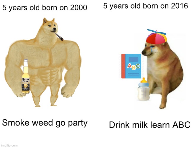 5 years old | 5 years old born on 2016; 5 years old born on 2000; Smoke weed go party; Drink milk learn ABC | image tagged in memes,buff doge vs cheems | made w/ Imgflip meme maker