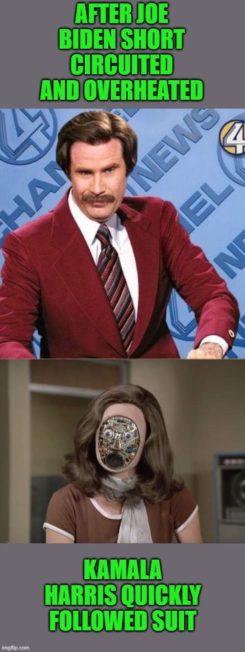 AFTER JOE BIDEN SHORT CIRCUITED AND OVERHEATED KAMALA HARRIS QUICKLY FOLLOWED SUIT | image tagged in ron burgundy,fembot | made w/ Imgflip meme maker