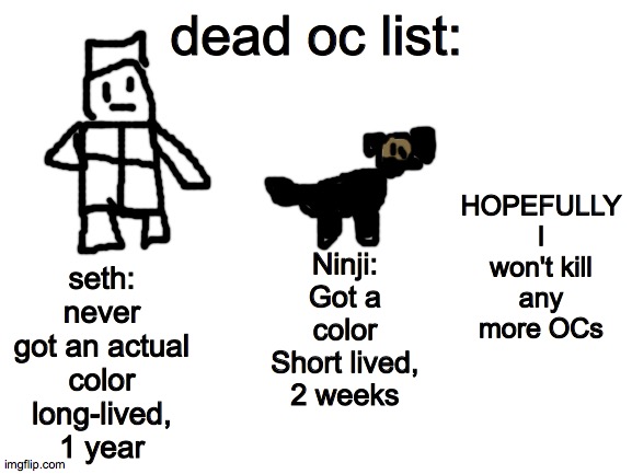 RĘÊÈÉĒËE | dead oc list:; HOPEFULLY I won't kill any more OCs; seth:
never got an actual color
long-lived, 1 year; Ninji:
Got a color
Short lived, 2 weeks | image tagged in screw your mom,i did last night in ur bedroom | made w/ Imgflip meme maker