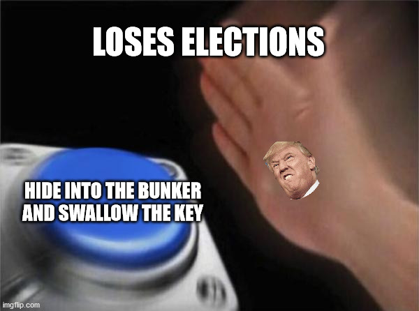Scenario | LOSES ELECTIONS; HIDE INTO THE BUNKER
AND SWALLOW THE KEY | image tagged in memes,blank nut button | made w/ Imgflip meme maker