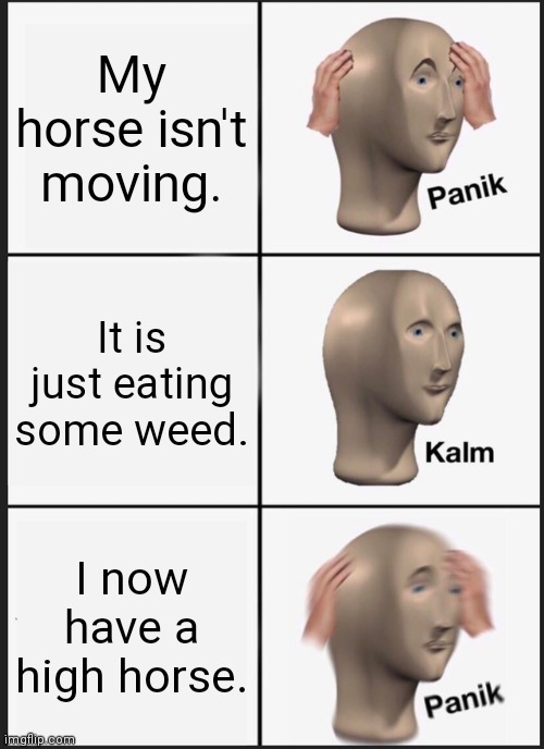 Panik Kalm Panik Meme | My horse isn't moving. It is just eating some weed. I now have a high horse. | image tagged in memes,panik kalm panik | made w/ Imgflip meme maker