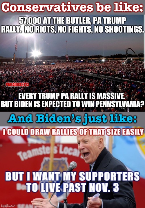 Biden supporters don’t need the displays of cult worship in the middle of a pandemic. Lol. | Conservatives be like:; And Biden’s just like: | image tagged in election 2020,2020 elections,pandemic,trump supporters,joe biden,biden | made w/ Imgflip meme maker