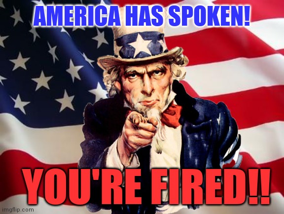 America has spoken | AMERICA HAS SPOKEN! YOU'RE FIRED!! | image tagged in political,uncle sam,election 2020 | made w/ Imgflip meme maker