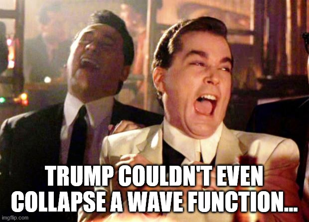 Trump Struggles. | TRUMP COULDN'T EVEN COLLAPSE A WAVE FUNCTION... | image tagged in goodfellas laugh,trump,biden,election2020 | made w/ Imgflip meme maker