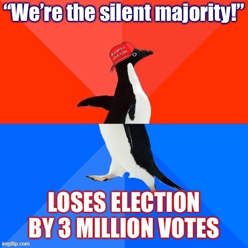And he will lose the popular vote by much, much more this time. The loud minority approach doesn’t cut it. | image tagged in election 2016,socially awesome awkward penguin,election 2020,popular vote,electoral college,conservative logic | made w/ Imgflip meme maker