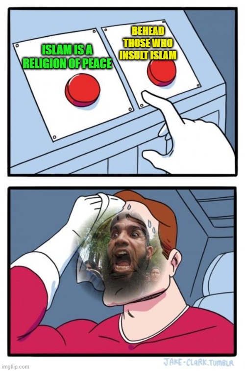 Islam is a religion of peace; Behead those who insult Islam | BEHEAD THOSE WHO INSULT ISLAM; ISLAM IS A RELIGION OF PEACE | image tagged in angry muslim two buttons | made w/ Imgflip meme maker