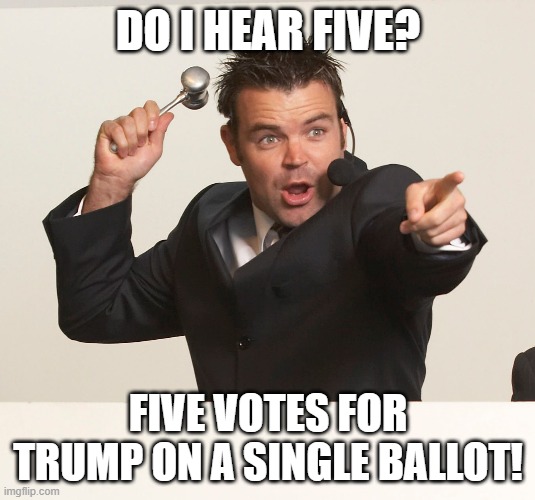 auctioneer | DO I HEAR FIVE? FIVE VOTES FOR TRUMP ON A SINGLE BALLOT! | image tagged in auctioneer | made w/ Imgflip meme maker