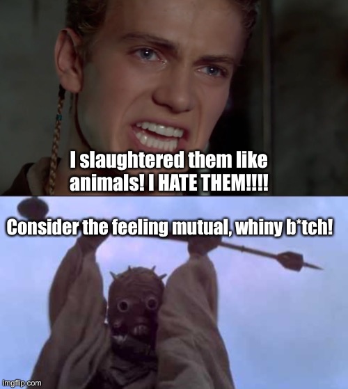  I slaughtered them like animals! I HATE THEM!!!! Consider the feeling mutual, whiny b*tch! | image tagged in star wars,anakin skywalker | made w/ Imgflip meme maker