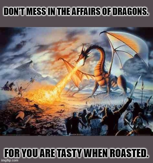 bbq knights |  DON'T MESS IN THE AFFAIRS OF DRAGONS. FOR YOU ARE TASTY WHEN ROASTED. | image tagged in dragon | made w/ Imgflip meme maker