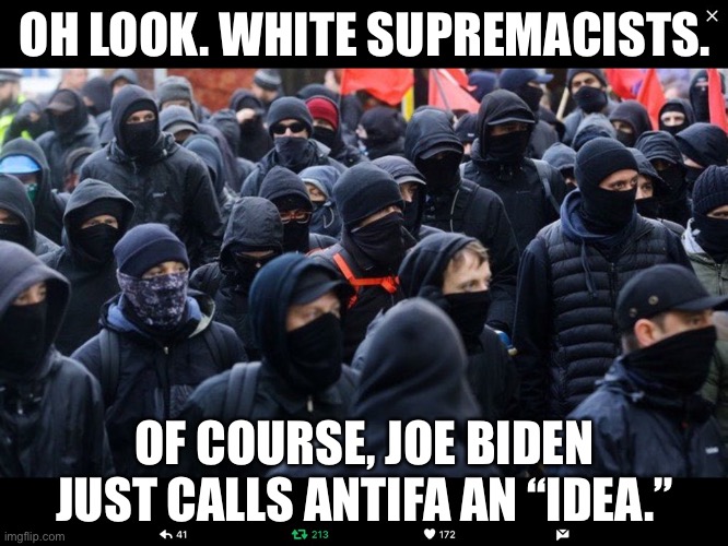Antifa is full of White supremacists | OH LOOK. WHITE SUPREMACISTS. OF COURSE, JOE BIDEN JUST CALLS ANTIFA AN “IDEA.” | image tagged in antifa,memes,white supremacists,joe biden,racist,idea | made w/ Imgflip meme maker