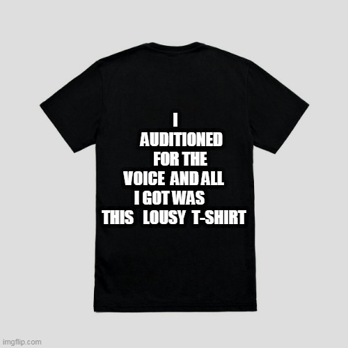 Tragic Kingdom Souvenir | I          AUDITIONED     FOR THE VOICE  AND ALL I GOT WAS   
THIS   LOUSY  T-SHIRT | image tagged in blank t-shirt,reality tv | made w/ Imgflip meme maker