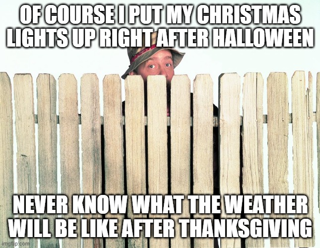 Hidy ho, neighbor | OF COURSE I PUT MY CHRISTMAS LIGHTS UP RIGHT AFTER HALLOWEEN; NEVER KNOW WHAT THE WEATHER WILL BE LIKE AFTER THANKSGIVING | image tagged in hidy ho neighbor | made w/ Imgflip meme maker