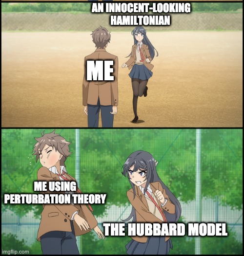 Weeb Slap | AN INNOCENT-LOOKING HAMILTONIAN; ME; ME USING PERTURBATION THEORY; THE HUBBARD MODEL | image tagged in weeb slap | made w/ Imgflip meme maker