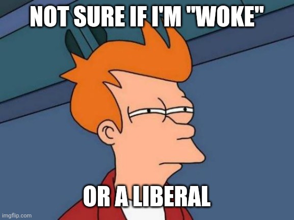 Futurama Fry | NOT SURE IF I'M "WOKE"; OR A LIBERAL | image tagged in memes,futurama fry | made w/ Imgflip meme maker