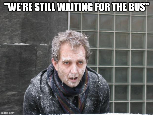 ice, freeze, cold | "WE'RE STILL WAITING FOR THE BUS" | image tagged in ice freeze cold | made w/ Imgflip meme maker