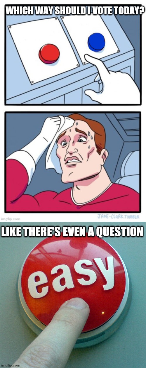 Vote red | WHICH WAY SHOULD I VOTE TODAY? LIKE THERE'S EVEN A QUESTION | image tagged in the easy button | made w/ Imgflip meme maker