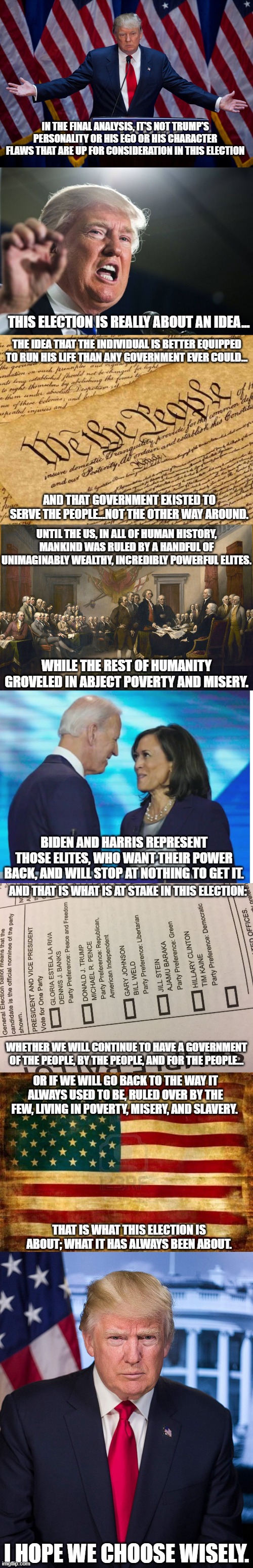 The Choice Couldn't Be More Clear | IN THE FINAL ANALYSIS, IT'S NOT TRUMP'S PERSONALITY OR HIS EGO OR HIS CHARACTER FLAWS THAT ARE UP FOR CONSIDERATION IN THIS ELECTION; THIS ELECTION IS REALLY ABOUT AN IDEA... THE IDEA THAT THE INDIVIDUAL IS BETTER EQUIPPED TO RUN HIS LIFE THAN ANY GOVERNMENT EVER COULD... AND THAT GOVERNMENT EXISTED TO SERVE THE PEOPLE...NOT THE OTHER WAY AROUND. UNTIL THE US, IN ALL OF HUMAN HISTORY, MANKIND WAS RULED BY A HANDFUL OF UNIMAGINABLY WEALTHY, INCREDIBLY POWERFUL ELITES. WHILE THE REST OF HUMANITY GROVELED IN ABJECT POVERTY AND MISERY. BIDEN AND HARRIS REPRESENT THOSE ELITES, WHO WANT THEIR POWER BACK, AND WILL STOP AT NOTHING TO GET IT. AND THAT IS WHAT IS AT STAKE IN THIS ELECTION:; WHETHER WE WILL CONTINUE TO HAVE A GOVERNMENT OF THE PEOPLE, BY THE PEOPLE, AND FOR THE PEOPLE... OR IF WE WILL GO BACK TO THE WAY IT ALWAYS USED TO BE, RULED OVER BY THE FEW, LIVING IN POVERTY, MISERY, AND SLAVERY. THAT IS WHAT THIS ELECTION IS ABOUT; WHAT IT HAS ALWAYS BEEN ABOUT. I HOPE WE CHOOSE WISELY. | image tagged in donald trump,constitution,declaration of independence,get a room,sample ballot | made w/ Imgflip meme maker