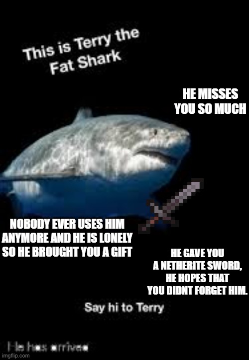 Terry the fat shark | HE MISSES YOU SO MUCH; NOBODY EVER USES HIM ANYMORE AND HE IS LONELY SO HE BROUGHT YOU A GIFT; HE GAVE YOU A NETHERITE SWORD, HE HOPES THAT YOU DIDNT FORGET HIM. | image tagged in terry the fat shark | made w/ Imgflip meme maker