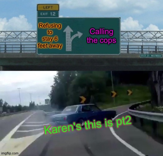 KARENS Pt2 | Refusing to stay 6 feet away; Calling the cops; Karen's this is pt2 | image tagged in memes,left exit 12 off ramp | made w/ Imgflip meme maker