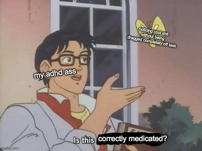 I mean apart from the time it took to make this |  noticing cool shit without being dragged completely off task; my adhd ass; correctly medicated? | image tagged in is this a pigeon,adhd,medication,meds,correctly medicated,add | made w/ Imgflip meme maker