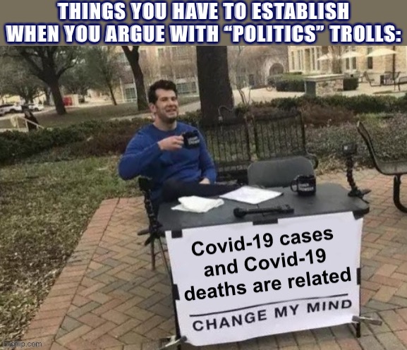 A covidiot was being so obtuse I actually had to point this out. Bahaha. | THINGS YOU HAVE TO ESTABLISH WHEN YOU ARGUE WITH “POLITICS” TROLLS: | image tagged in politics,meanwhile on imgflip,imgflip trolls,covid-19,covidiots | made w/ Imgflip meme maker