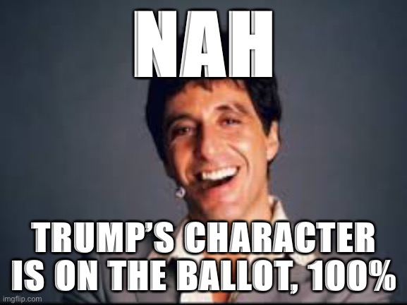 This election is about anything but Trump's character? In your dreams! | NAH; TRUMP’S CHARACTER IS ON THE BALLOT, 100% | image tagged in al pacino scarface,election 2020,2020 elections | made w/ Imgflip meme maker