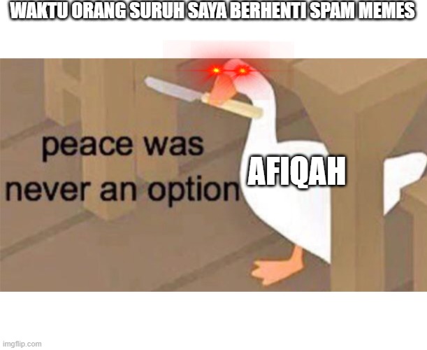 Untitled Goose Peace Was Never an Option | WAKTU ORANG SURUH SAYA BERHENTI SPAM MEMES; AFIQAH | image tagged in untitled goose peace was never an option | made w/ Imgflip meme maker