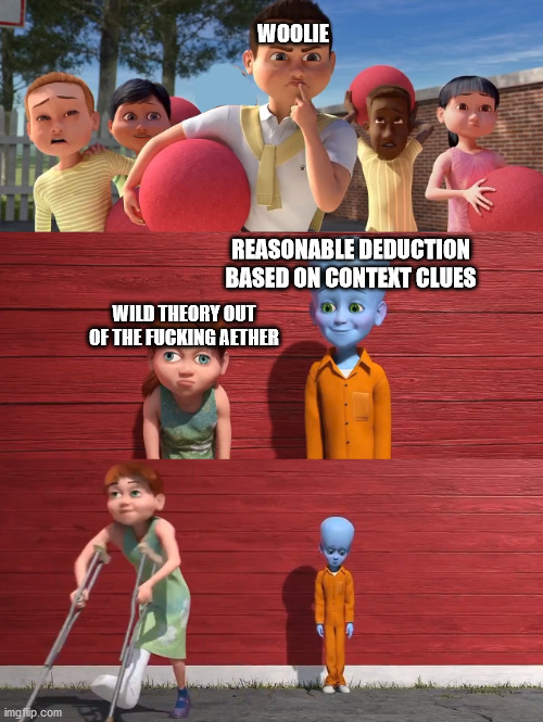 Megamind school pick | WOOLIE; REASONABLE DEDUCTION BASED ON CONTEXT CLUES; WILD THEORY OUT OF THE FUCKING AETHER | image tagged in megamind school pick,TwoBestFriendsPlay | made w/ Imgflip meme maker