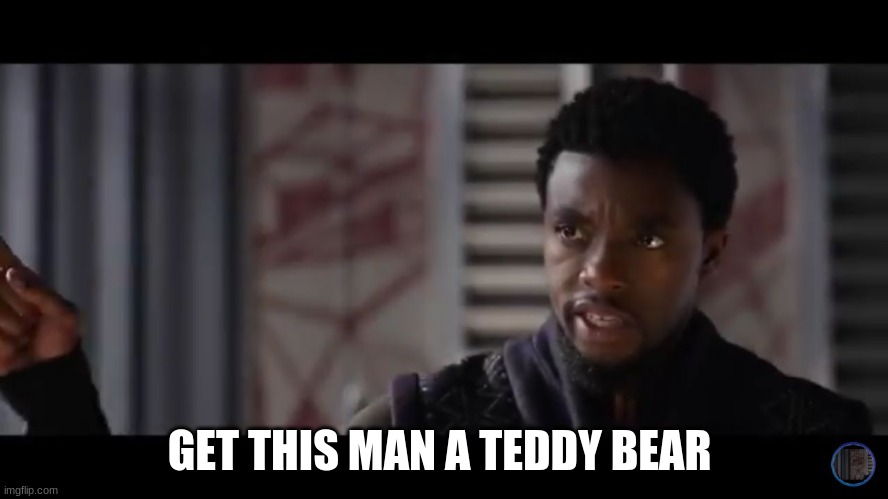 Black Panther - Get this man a shield | GET THIS MAN A TEDDY BEAR | image tagged in black panther - get this man a shield | made w/ Imgflip meme maker