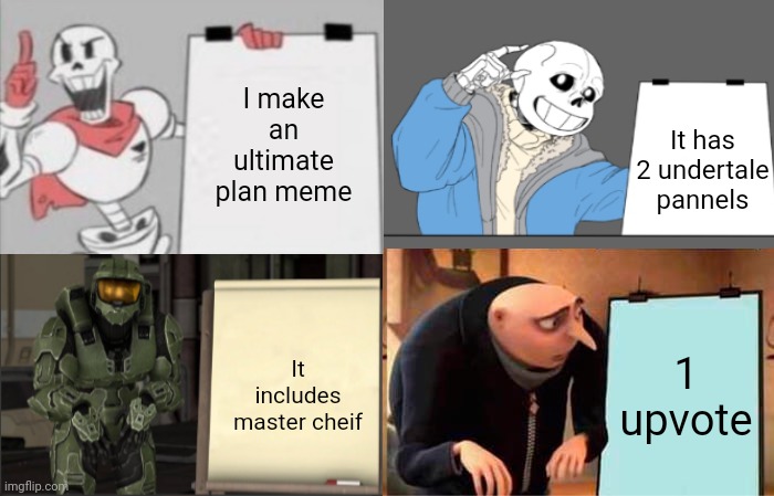 Gru's Plan | I make an ultimate plan meme; It has 2 undertale pannels; It includes master cheif; 1 upvote | image tagged in gru's plan,papyrus plan,sans plan,master cheif plan | made w/ Imgflip meme maker