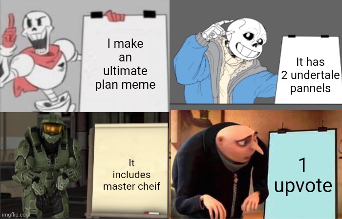 Gru's Plan Meme | I make an ultimate plan meme; It has 2 undertale pannels; It includes master cheif; 1 upvote | image tagged in gru's plan,papyrus plan,sans plan,master cheif plan | made w/ Imgflip meme maker